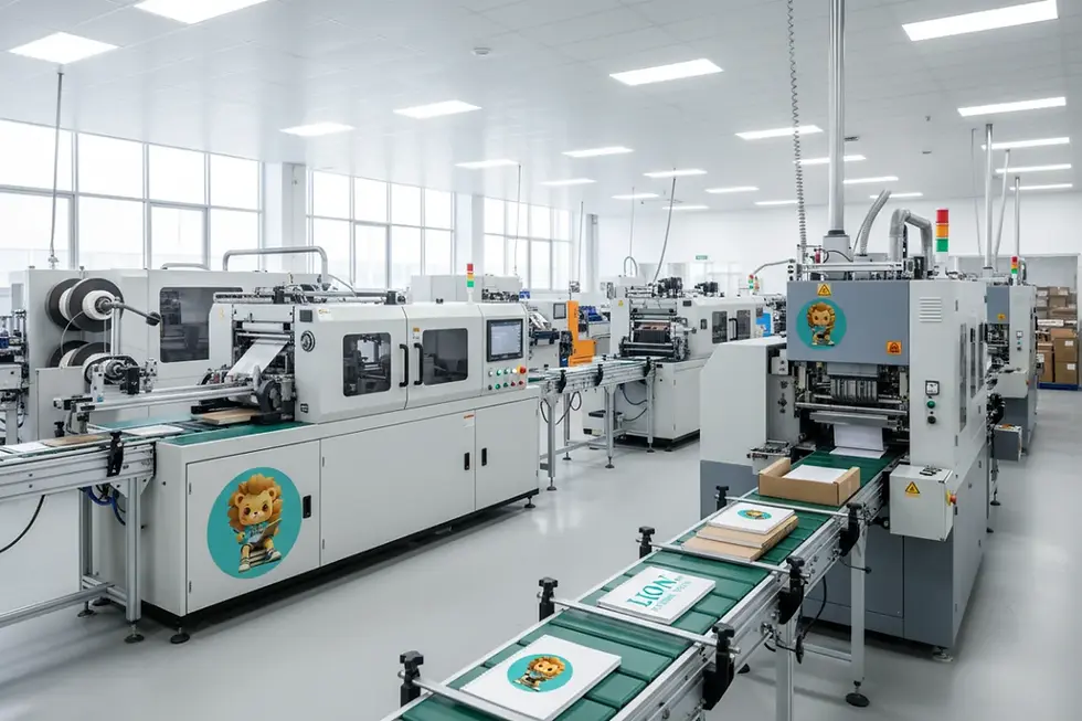 Automated assembly line for custom notebook manufacturing inside a Lion Paper facility.