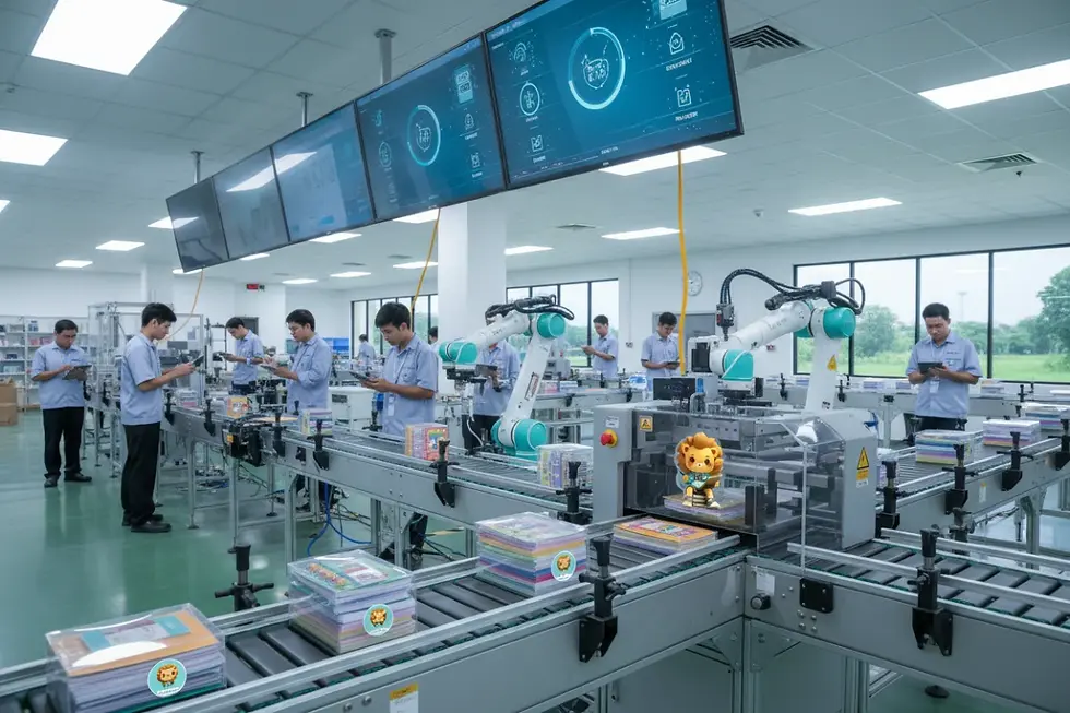 Automated assembly of custom notebooks at Lion Paper’s Cambodia manufacturing facility.