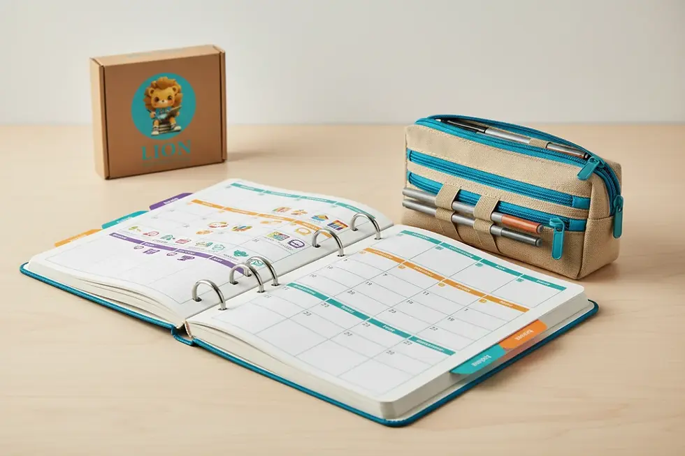 Mid-tier spiral planner and multi-compartment canvas pencil pouch