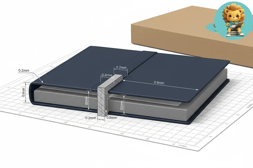 Cross-sectional diagram illustrating planner cover material limits and deboss depth tolerances