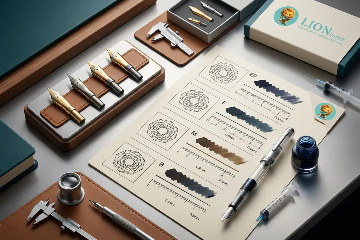 Technical overview of fountain pen nib sizes EF, F, M, and Broad with ink line comparisons.
