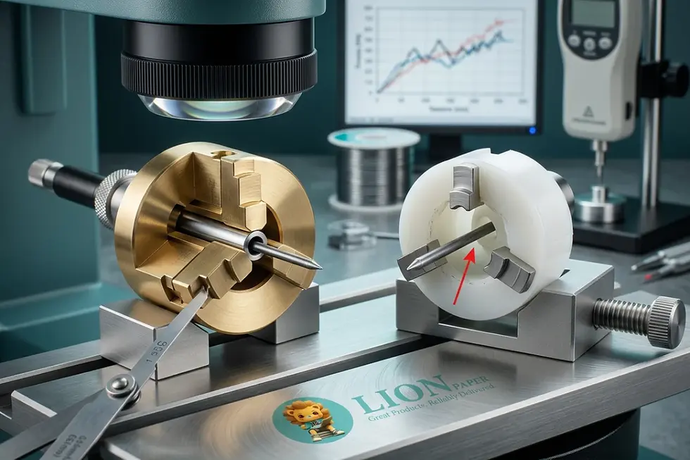 Macro view of mechanical pencil brass clutch mechanism and guide sleeve tolerance inspection.