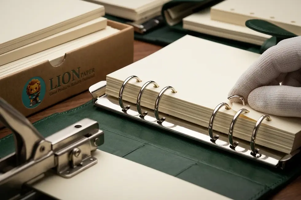 Close-up of 6-hole punched planner inserts installed inside a ring mechanism showing edge clearance.