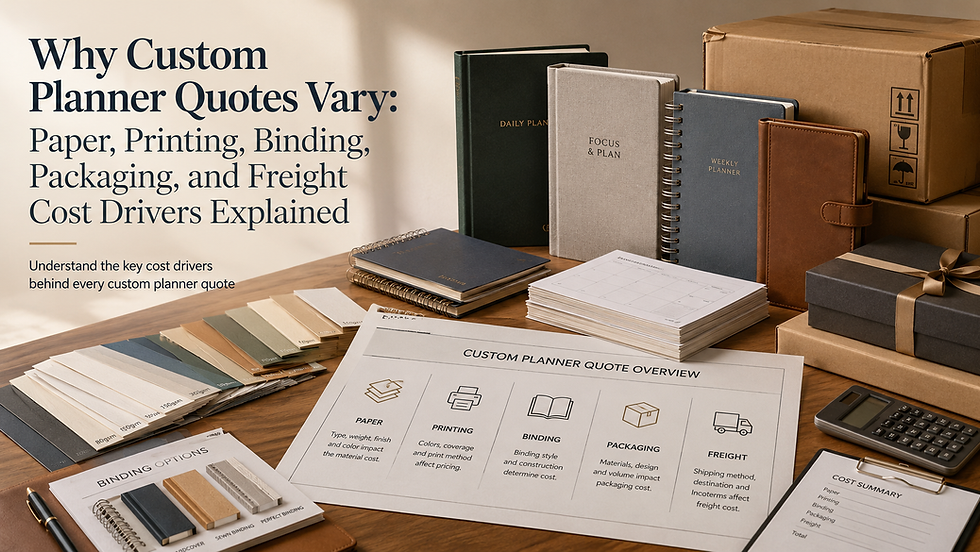 Why Custom Planner Quotes Vary: Paper, Printing, Binding, Packaging, and Freight Cost Drivers Explained