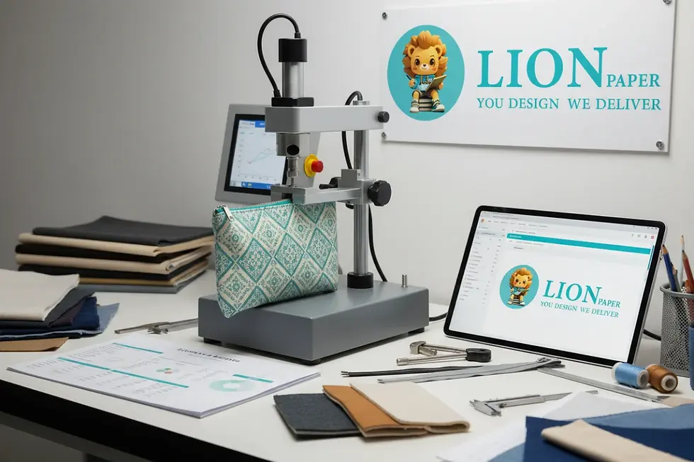A physical zipper pull-strength test being conducted on a boutique pencil pouch in a quality control laboratory.