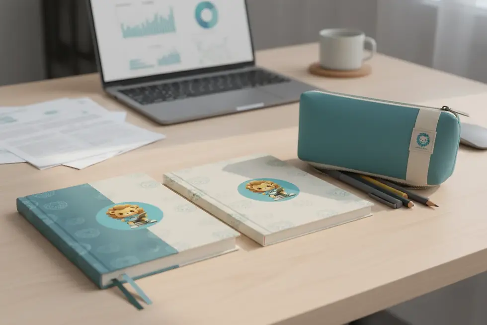 Coordinated stationery set with matching custom-printed notebook, planner, and zippered canvas pouch.