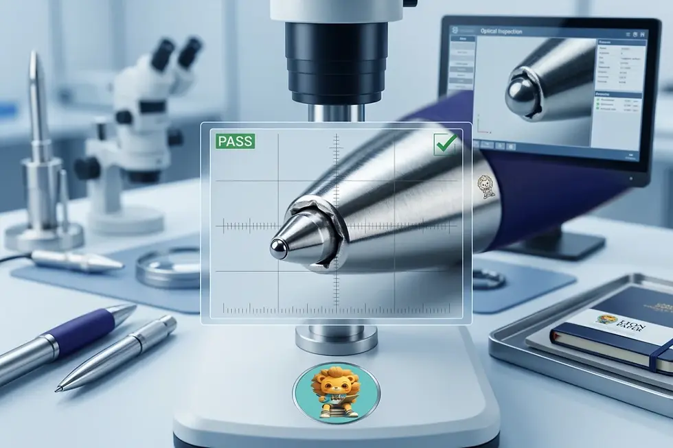 Macro microscopic inspection of a ballpoint pen tip checking for post-drop structural defects and ink seals.