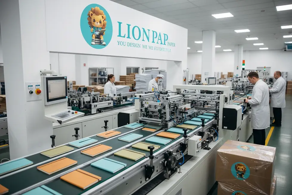 A modern notebook manufacturing factory floor with automated binding machinery.