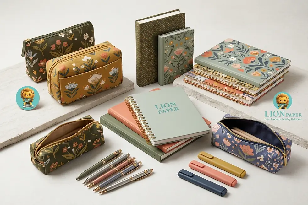 Coordinated stationery collection featuring matching pencil cases, spiral notebooks, and desk accessories