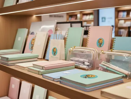 Coordinated set of pastel notebooks and custom pvc pencil cases on a retail shelf