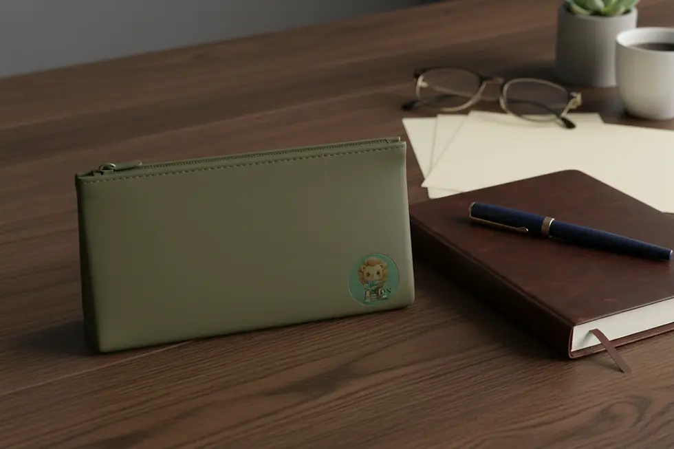 Premium PU leather pencil case with gold foil branding on an executive office desk.