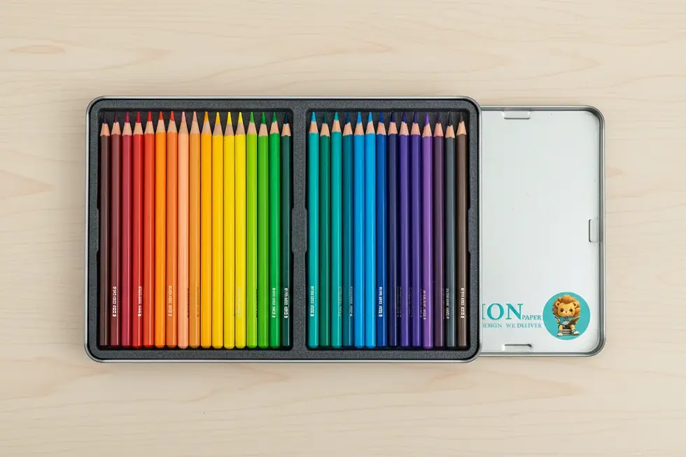 Internal layout of a 24-piece tin artist pencil box with a black flocked tray