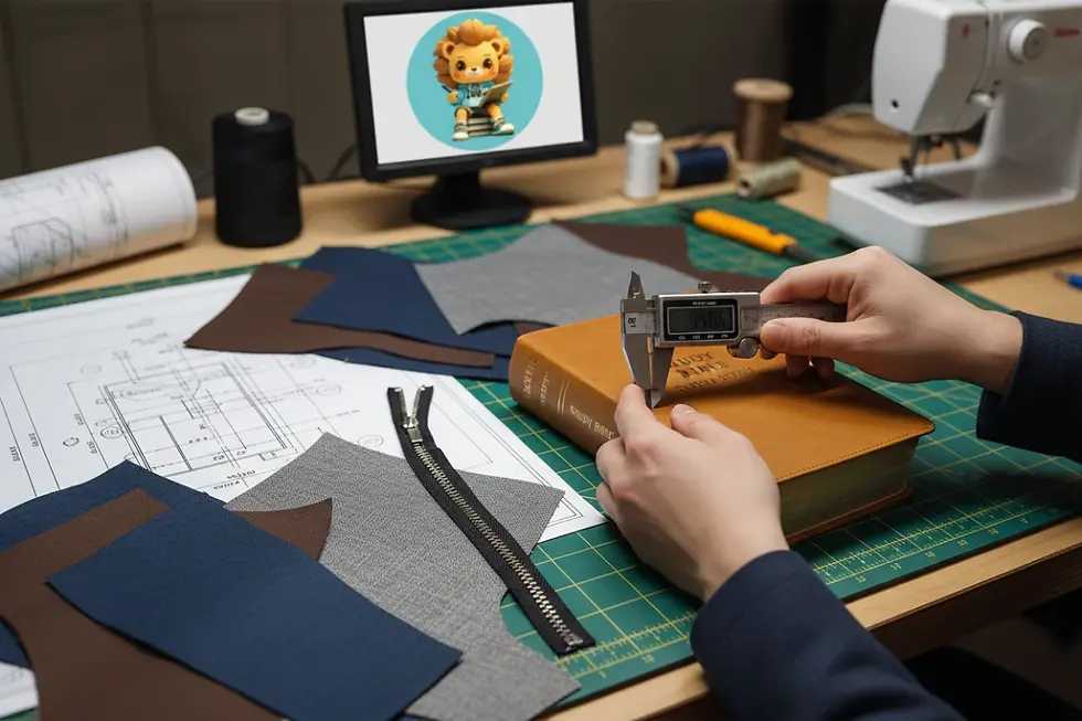 A technical specialist measuring the spine depth of a Bible to ensure a perfect fit in a custom cover design.