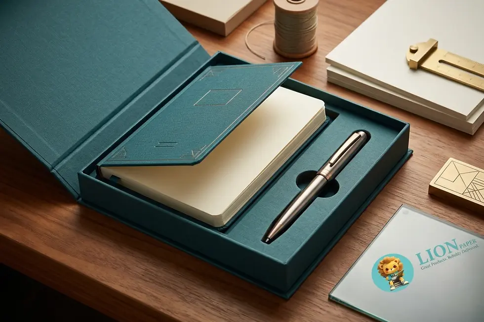 Custom private-label notebook and matching tested writing instrument in retail-ready packaging