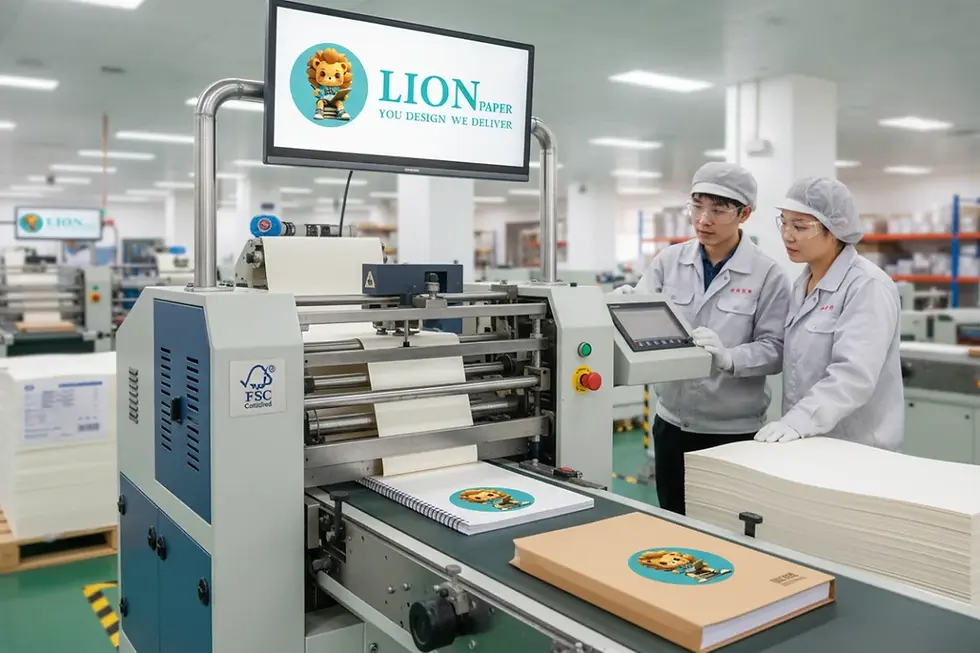 Production machinery at an FSC certified notebook manufacturer factory.