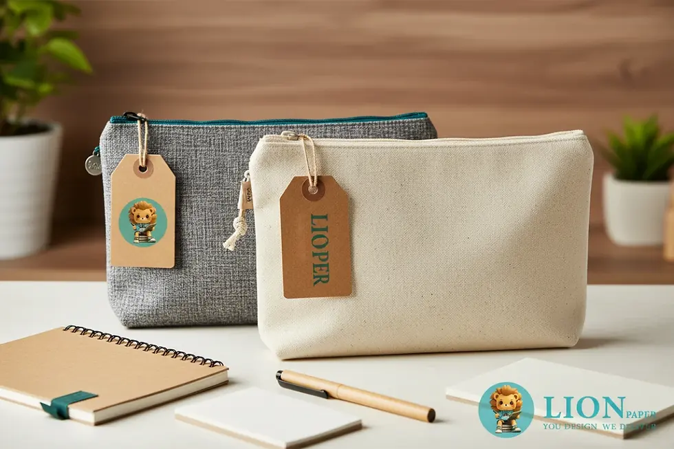 Sustainable and retail ready stationery packaging sets featuring recycled fabric pouches.