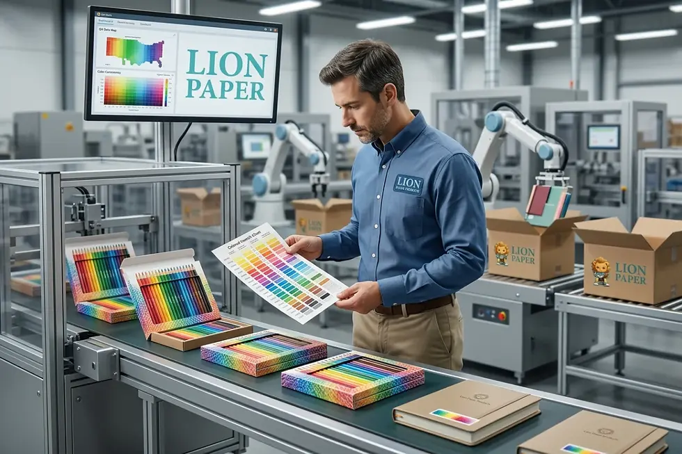 Quality control inspection line verifying batch to batch pencil color consistency in art sets