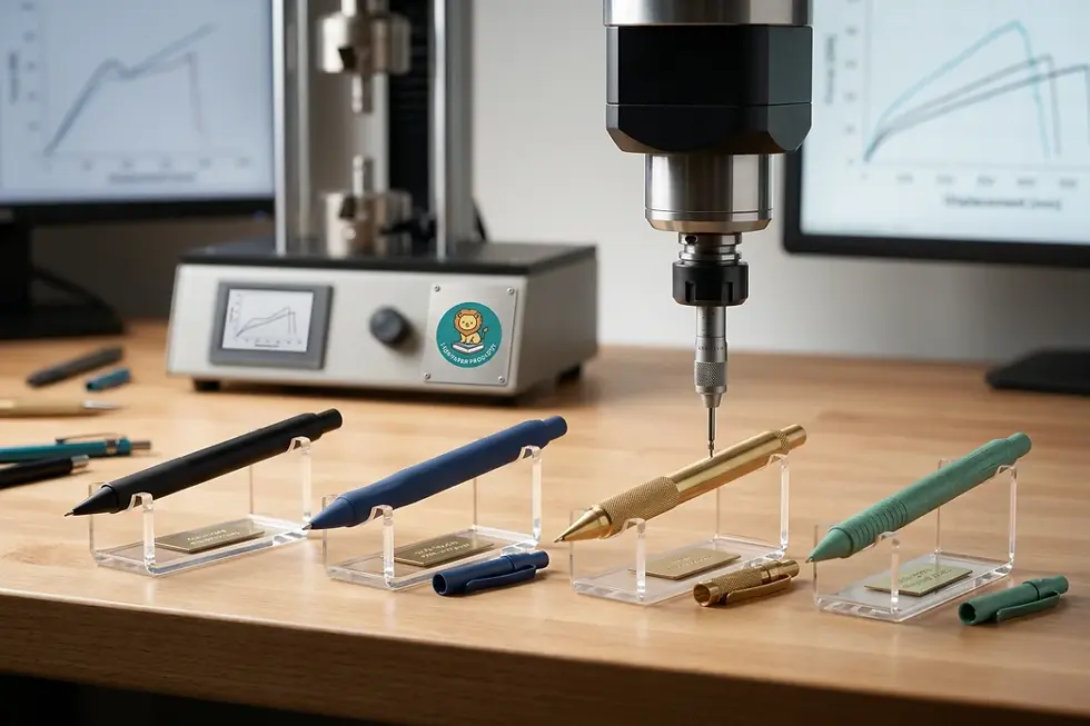 Comparison of mechanical pencil barrel materials including aluminum, brass, and textured polymers.