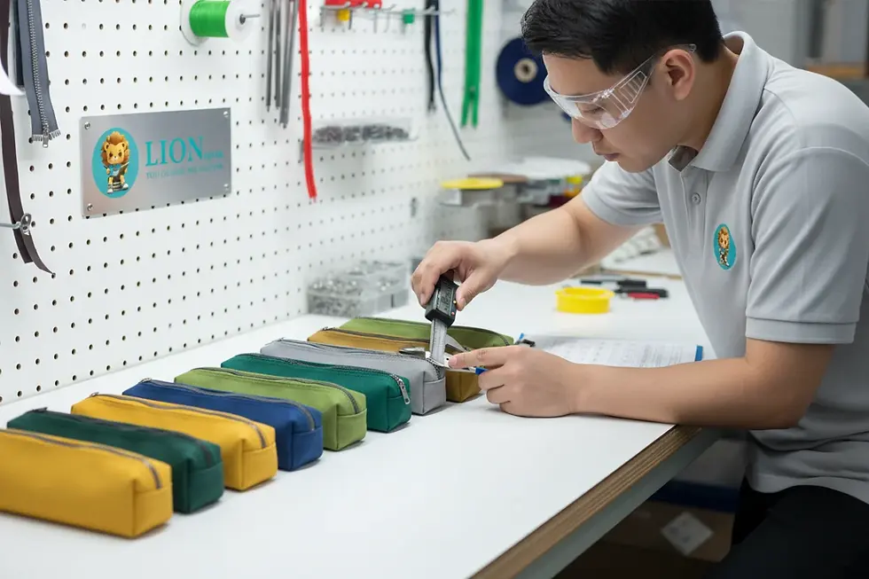 Quality control inspector measuring and verifying custom pencil case zipper specifications at a factory workbench.