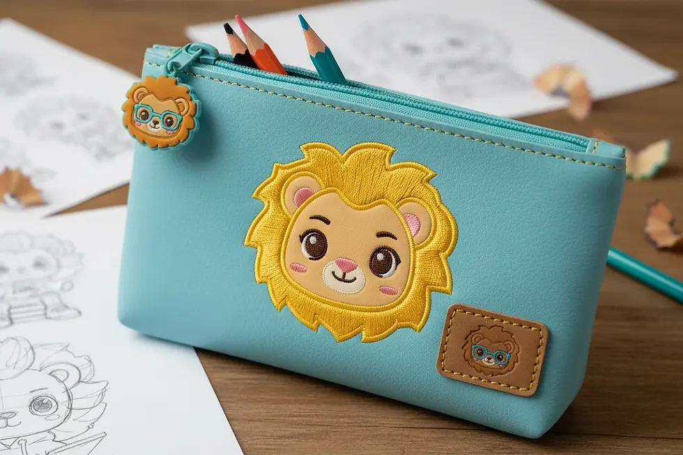 Detailed macro shot of premium stitching, embroidery, and a custom silicone zipper pull on a character pencil case.