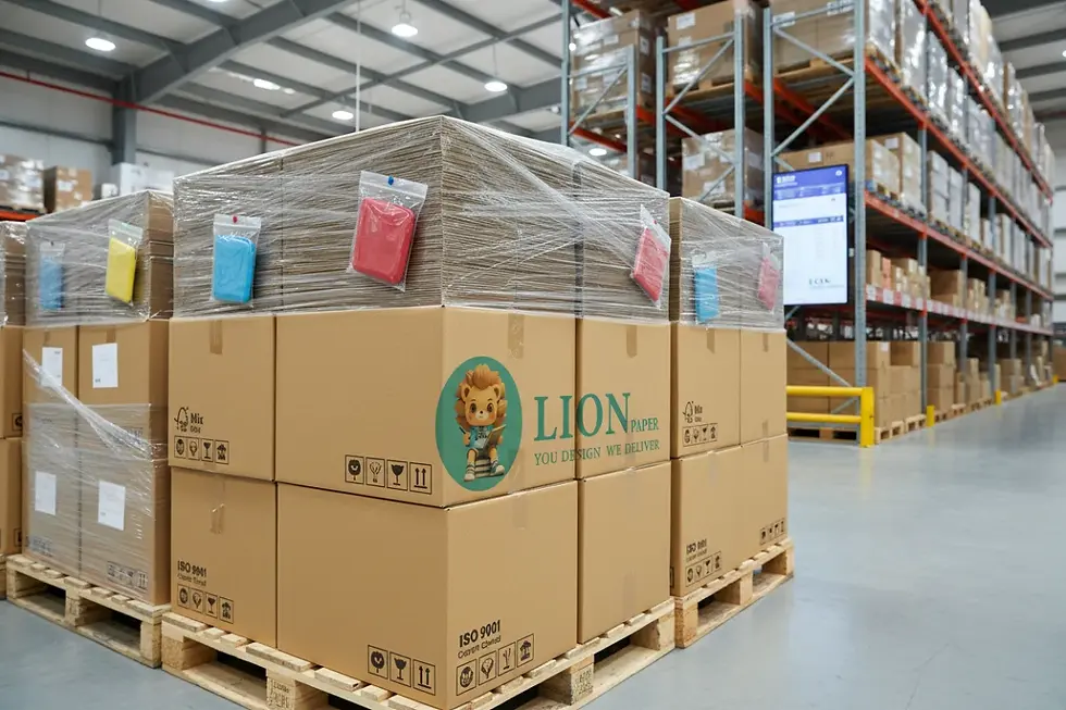 Packaged bulk stationery shipments on wooden pallets with compliance labels