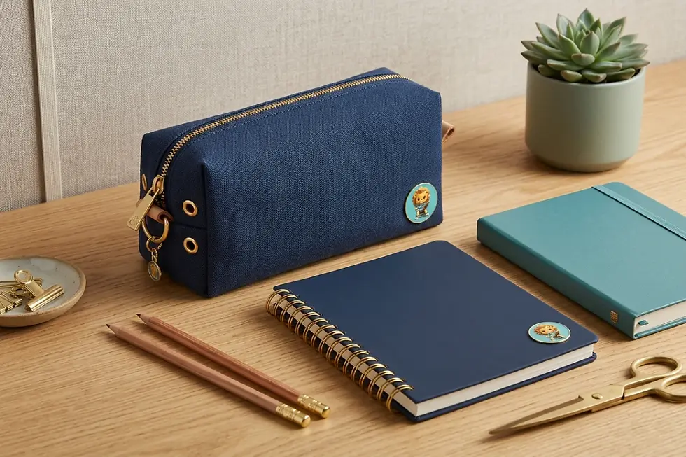 Coordinated stationery set with matching metallic hardware on pencil pouch and hardcover journal.