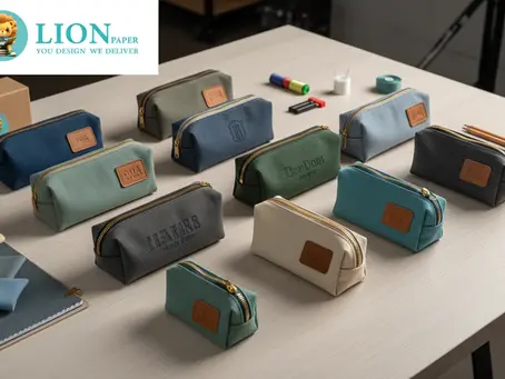 A professional collection of custom pencil cases in various colors, fabrics, and configurations.
