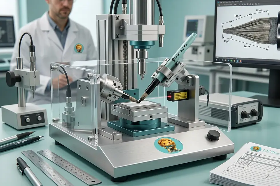 Dynamic fatigue flex testing rig evaluating brush pen nib resilience and split resistance under automated cycling.