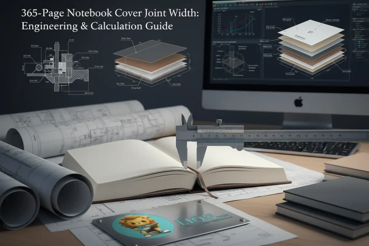 Technical diagram and cross-section showing 365-page notebook cover joint width calculation and spine hinge engineering.