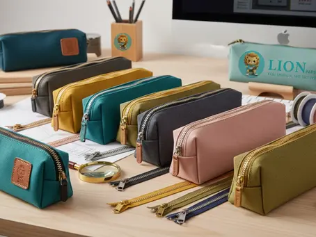 A collection of custom pencil cases with various colored and styled zippers and customized pullers on display.
