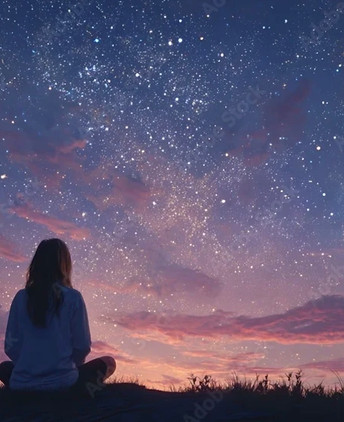 Woman meditating under a starry night sky at sunset.