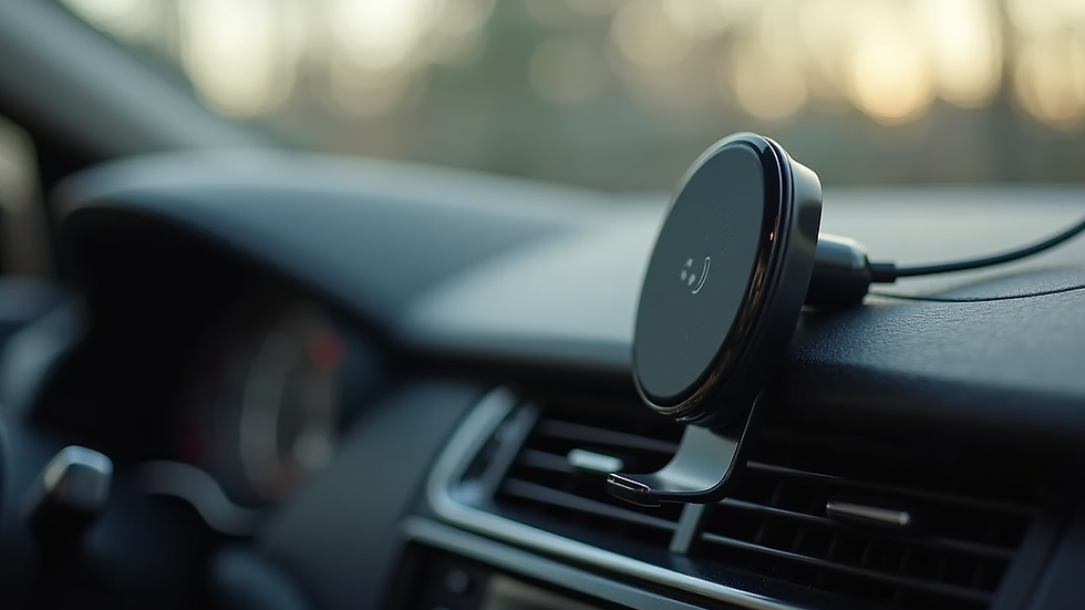 Eye-level view of a wireless car charger mounted on a car dashboard
