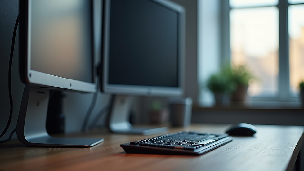 Eye-level view of a modern office desk with dual monitors and wireless keyboard
