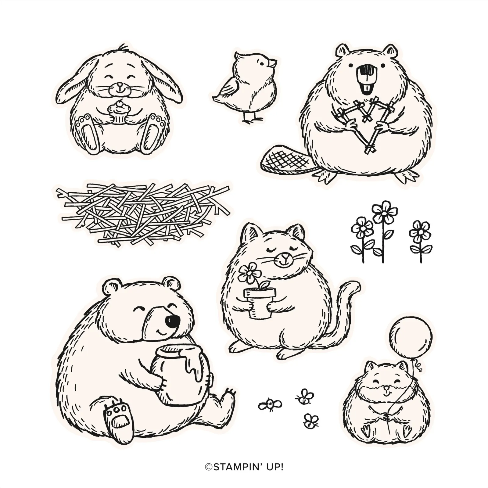 Fluffiest Friends, Biber, Bär mit Honigtopf, Katze, Hamster, Vogel, Hase, Blumen, Stempel