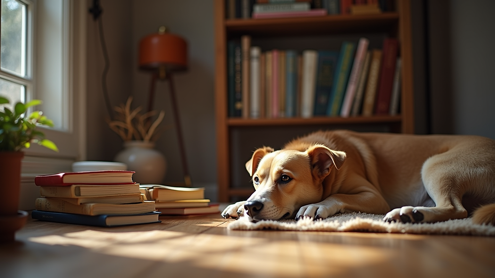 Eye-level view of a cozy reading nook with a dog lying beside a stack of books