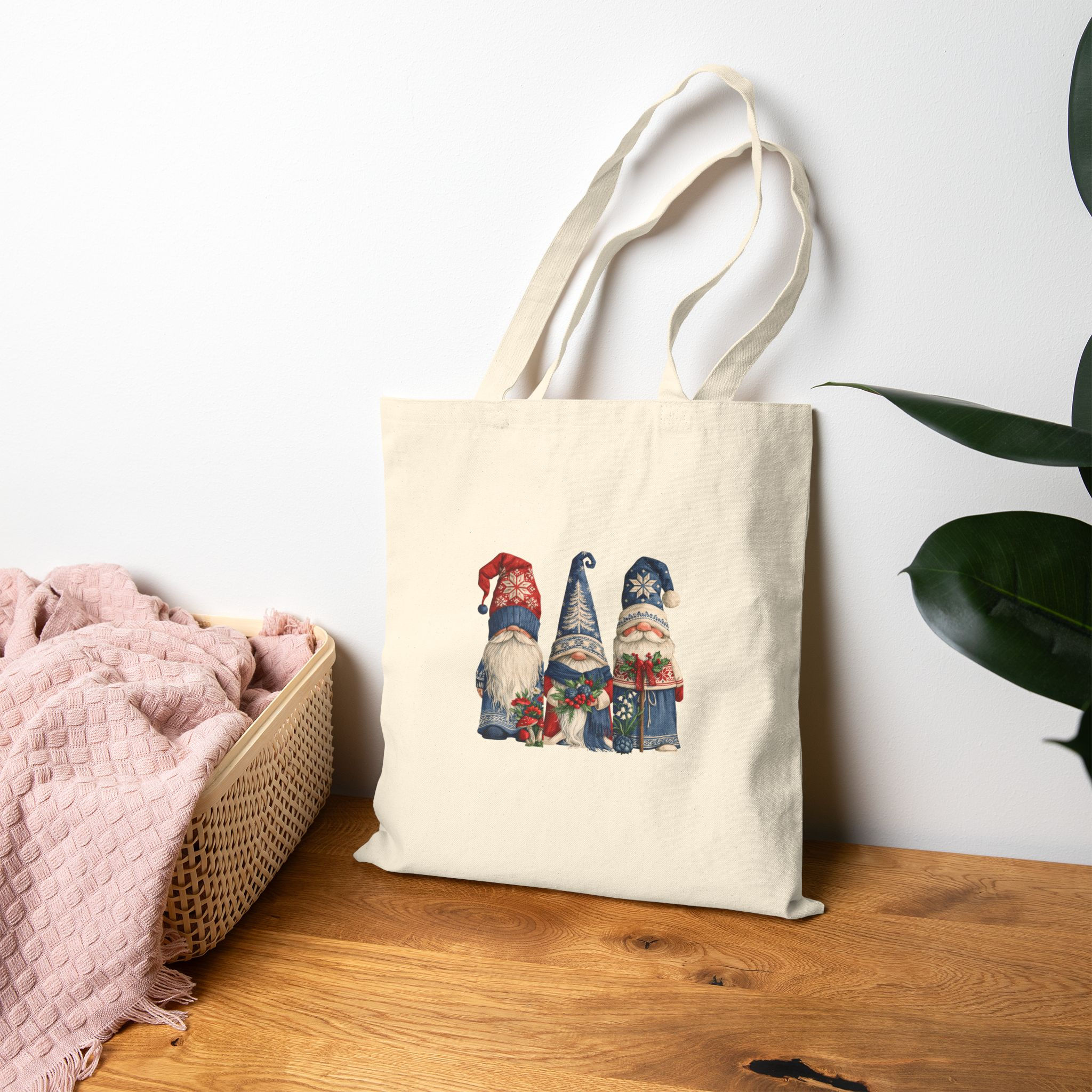 Christmas Gnome Tote Bag, Festive Gnome Trio Cotton Canvas Shopper