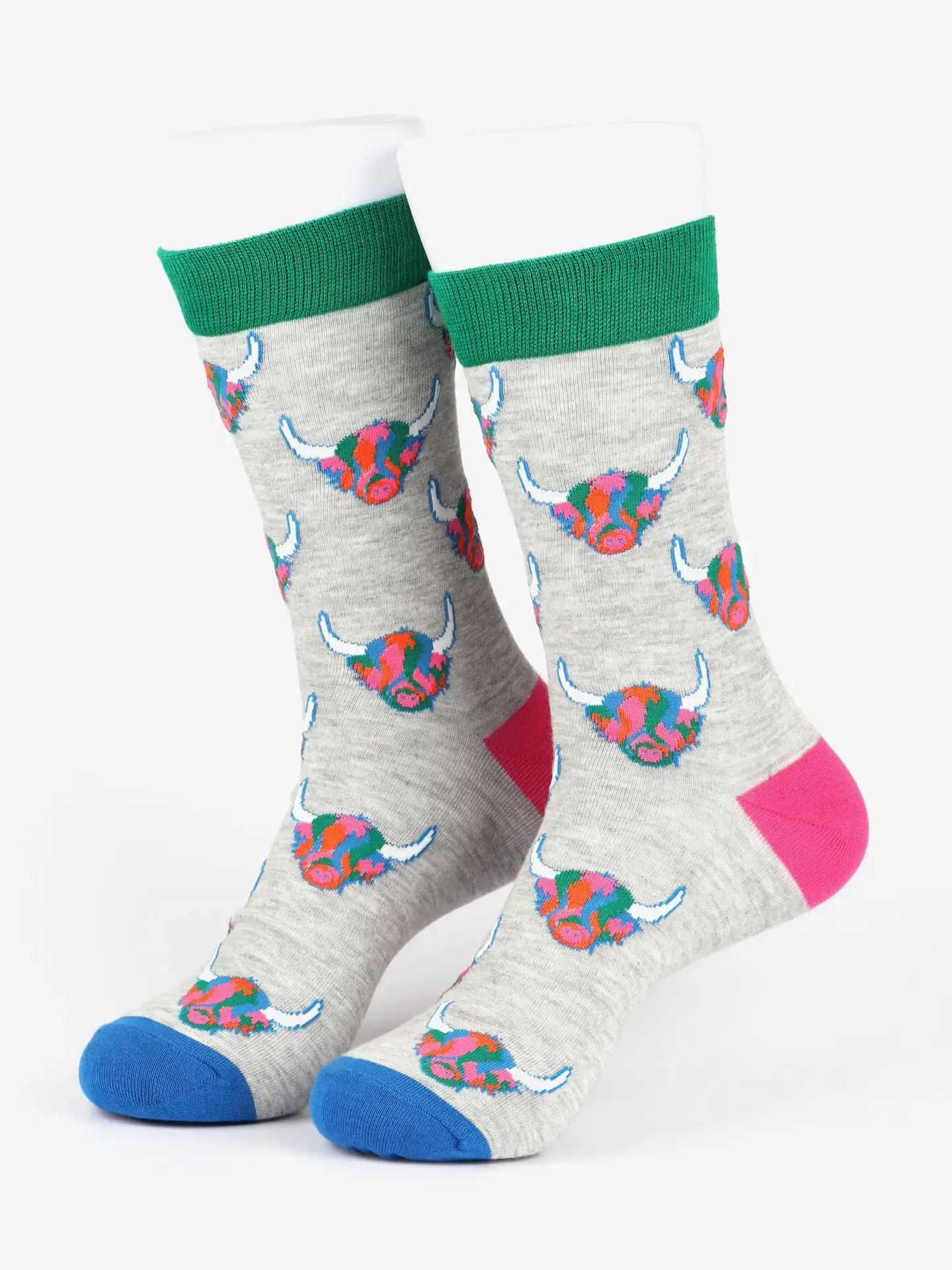 Men's Rainbow Highland Cow Print Bamboo Socks in Grey