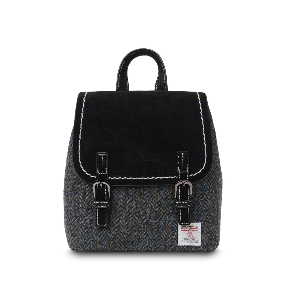Islander Harris Tweed The Mini Jura Backpack in Black Herringboneh