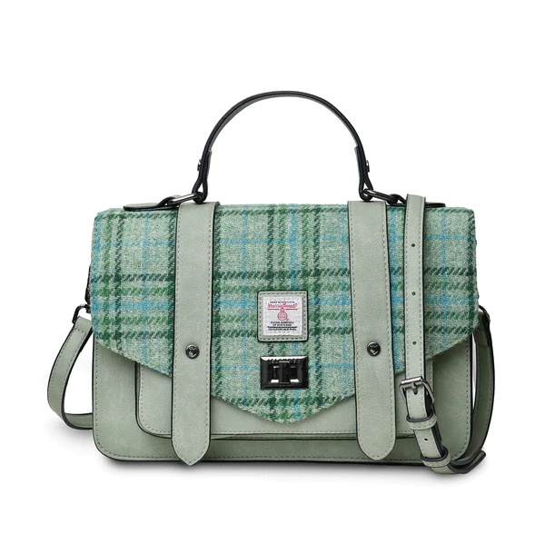 Navy Over-Check Harris Tweed Medium Leather Satchel