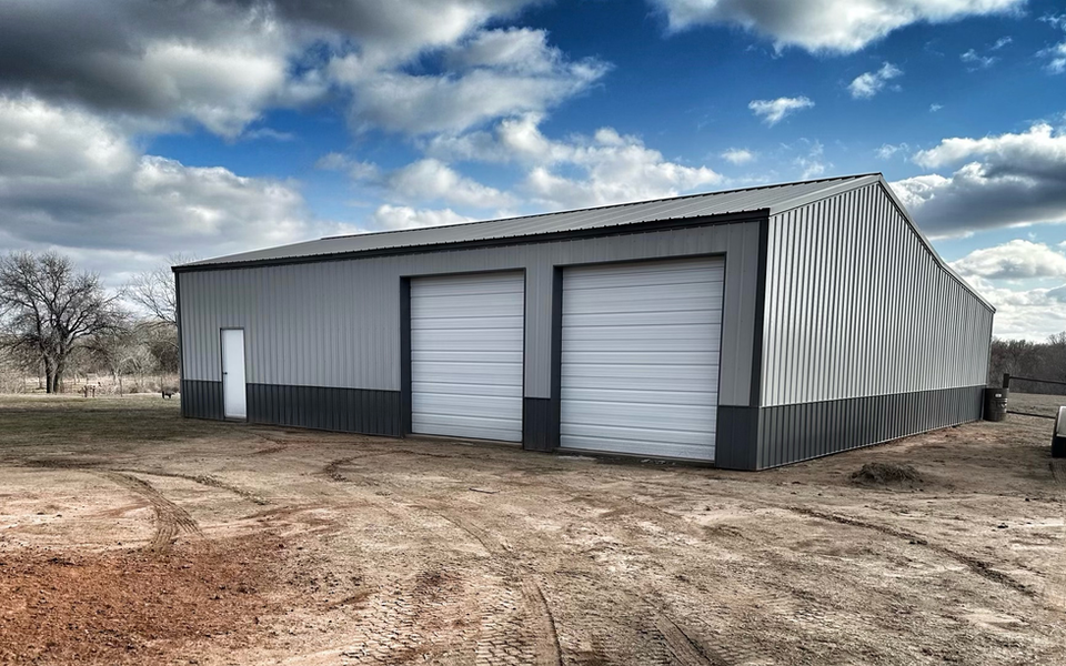 Two-door shop with light and dark gray wainscoting