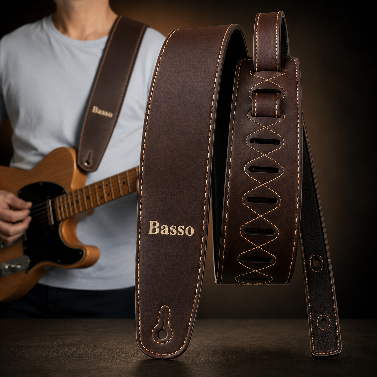 Correia Violão Guitarra Contrabaixo Basso VT L02 Vintage Marrom