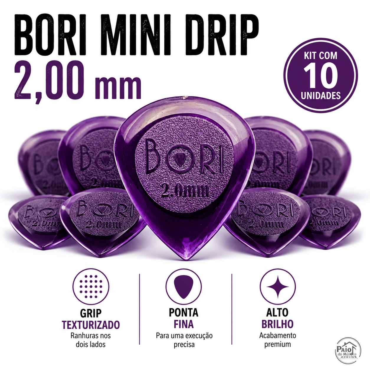 Kit 10 Palhetas Bori GRL Drip Gota 2,00mm Roxa Nylon R23-022 NF