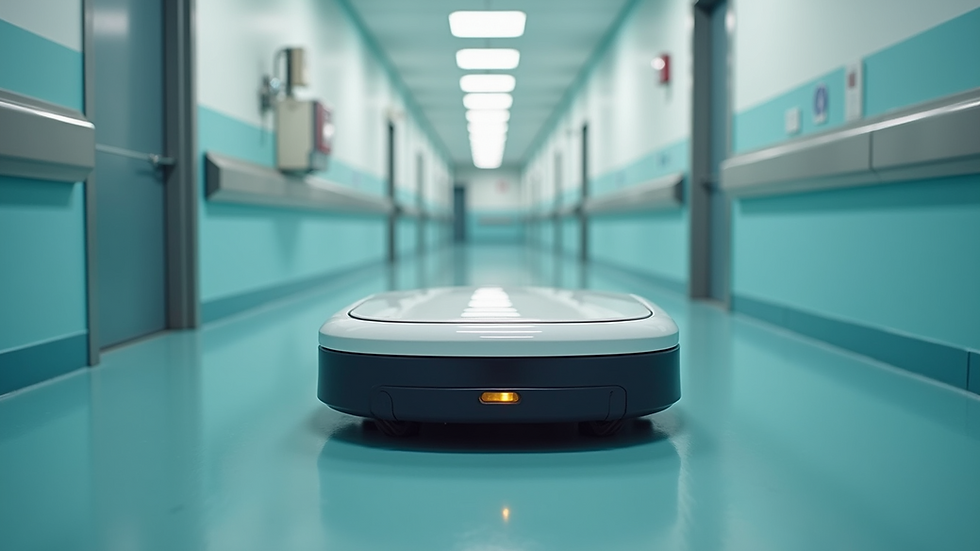 Eye-level view of a modern sanitation robot scanning a clean hospital corridor