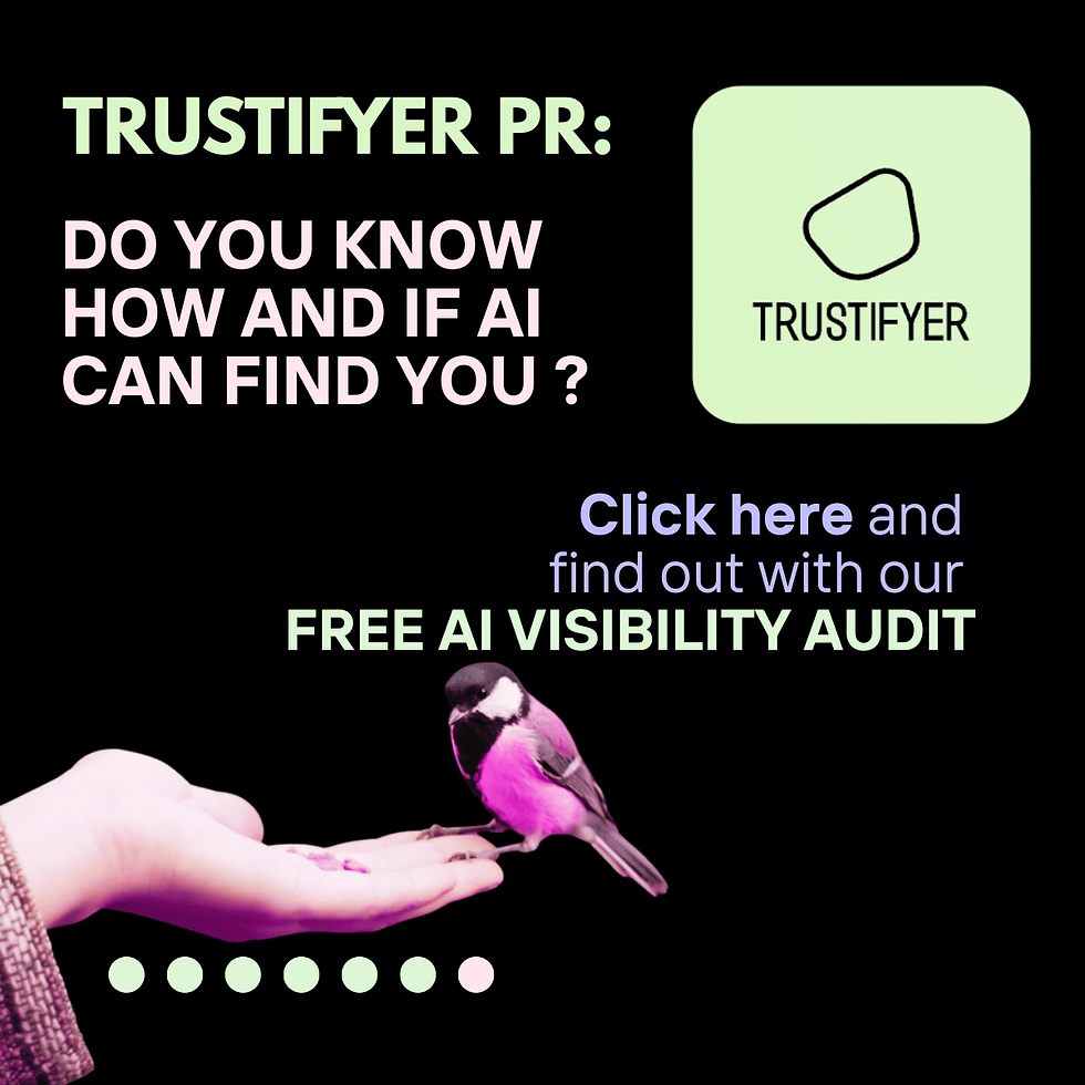 Infographic slide showing Your reputation is global. DM 'AUDIT' to see your AI Visibility Score. This illustrates Trustifyer's approach to reputation monitoring