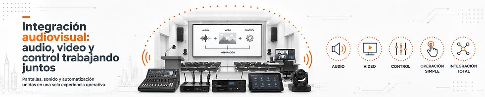 Integración audiovisual: sala con pantallas, micrófonos y consola de control