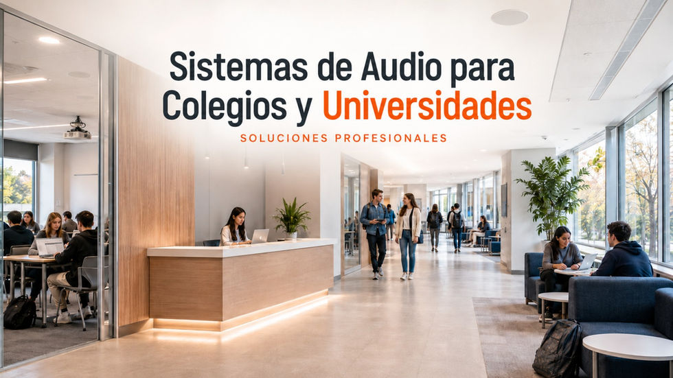 Sistema de megafonía y audio distribuido para colegios y universidades con altavoces en aulas, patios, pasillos y áreas administrativas.