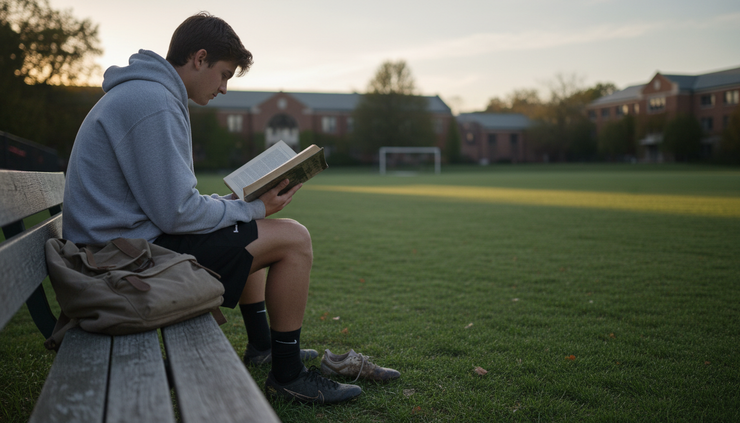 Eye-level view of a college soccer player studying near an empty practice field.