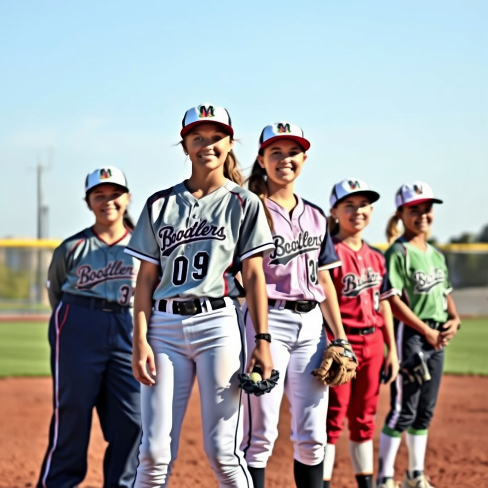 Softball players from different teams with different jerseys on and wearing softball pants