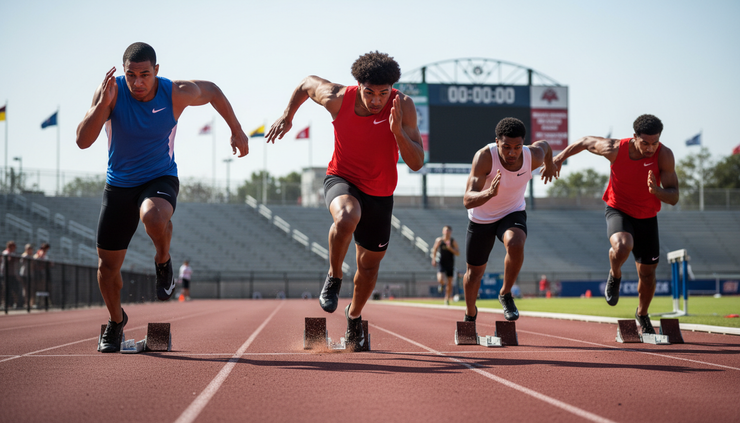 Low-angle view of college runners starting a race on an outdoor track.
