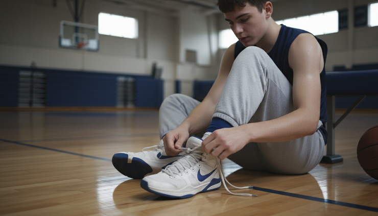 Close-up of a tired college basketball player tying shoes beside a gym court.